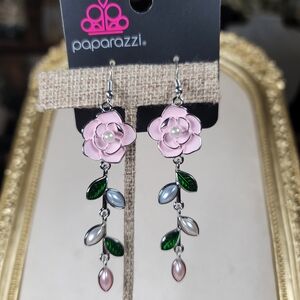 Paparazzi Pink Floral Earrings with Green and Silver Accents